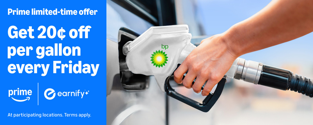 A hand holding a bp fuel nozzle beside the Prime and earnify logos