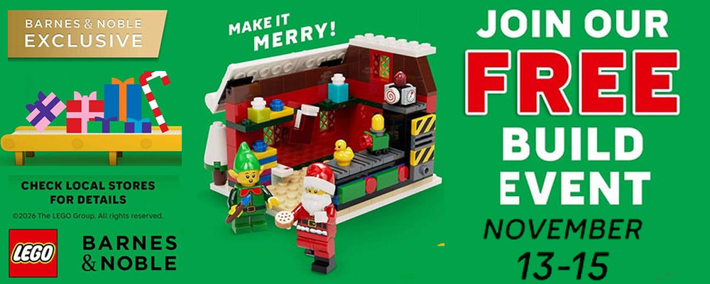 Barnes & Noble's LEGO Holiday Build Event artwork for Nov 13-15, with a LEGO Santa's workshop, Santa and an elf