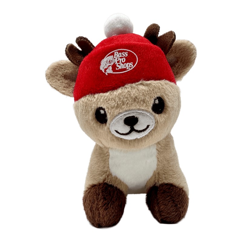 Bass Pro Shops mini reindeer plush in a red Bass Pro Shops hat