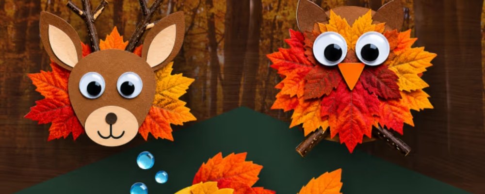 Leaf crafts shaped like a deer, an owl and a fish, from Bass Pro Shops' event graphic