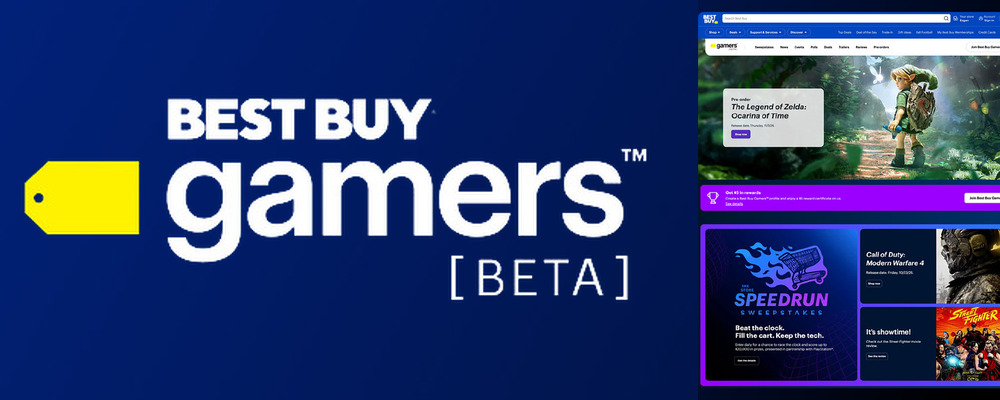 Best Buy Gamers Beta launch artwork beside screenshots of the gaming website