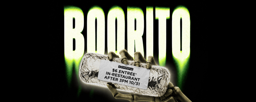Official Chipotle Boorito artwork featuring a skeleton hand holding a foil-wrapped burrito