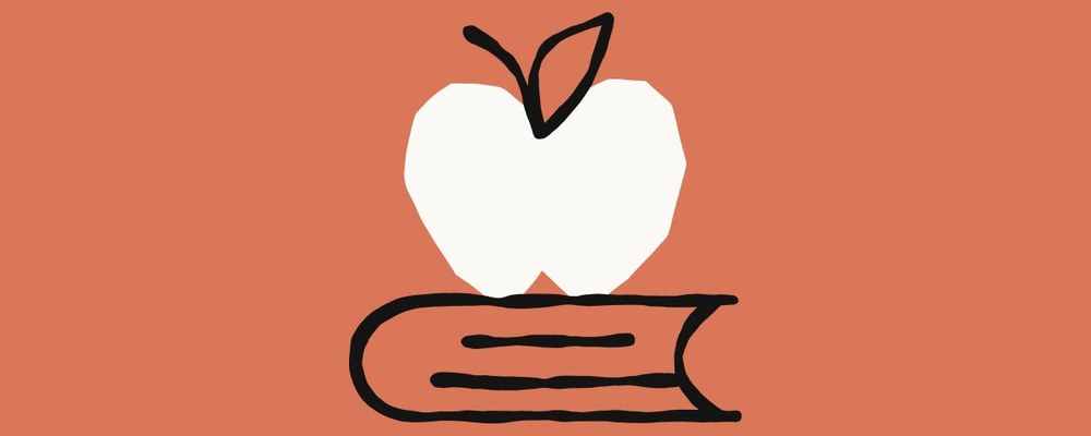 Illustration of a white apple on a book on an orange background