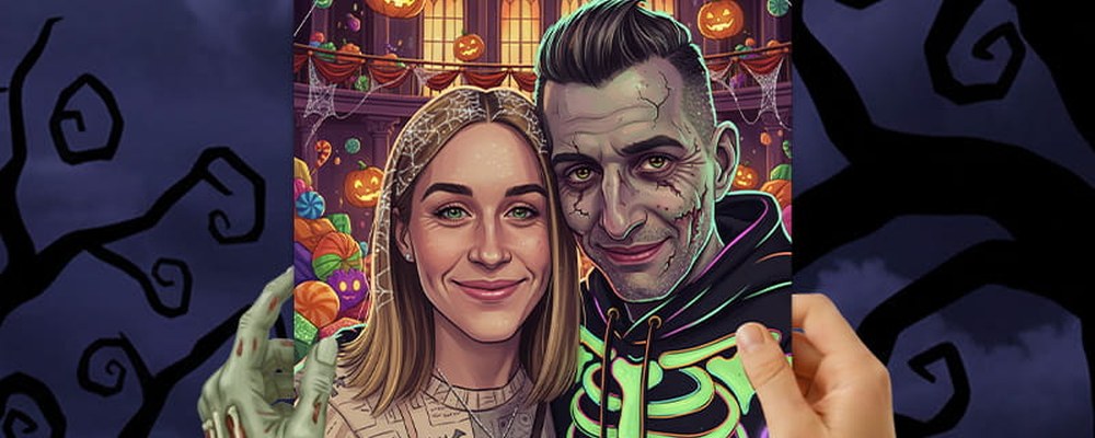 Sample zombie-style 8x10 print of a smiling couple, held up in front of a Halloween background