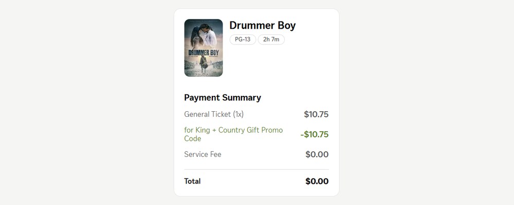 Angel checkout for one Drummer Boy ticket: $10.75 ticket, minus $10.75 gift promo code, $0.00 service fee, total $0.00
