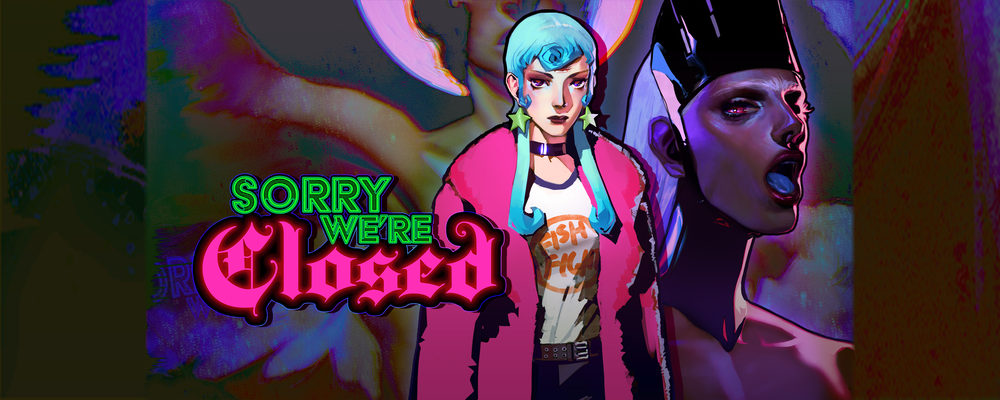 Sorry We're Closed key art with the game's title and its blue-haired main character