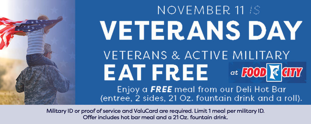 Food City Veterans Day free meal artwork for veterans and active military, with the offer conditions retained.