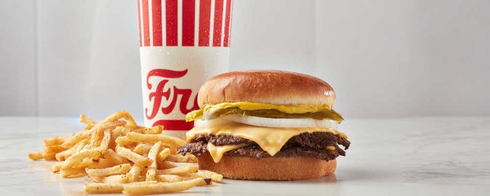 Freddy's Original Double steakburger with shoestring fries and a drink