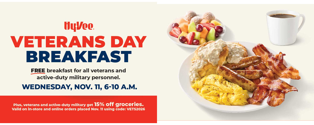 Official Hy-Vee Veterans Day 2026 breakfast artwork with the breakfast plate and Wednesday November 11 event details.