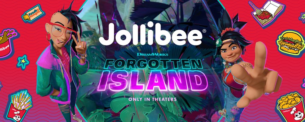 Jollibee and DreamWorks Forgotten Island campaign art with the Jollibee logo