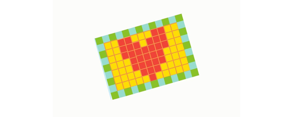 A square mosaic craft with a red heart, yellow field and green-and-blue tile border