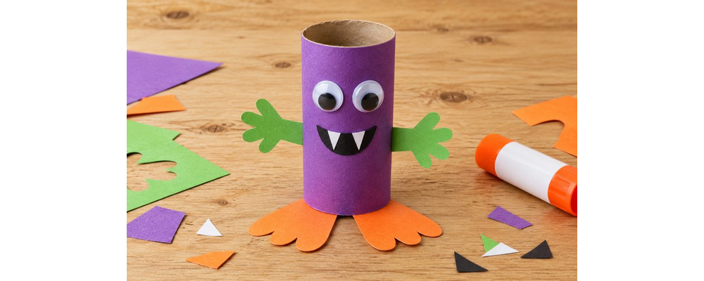 A purple cardboard-tube creature with googly eyes, paper arms and orange paper feet