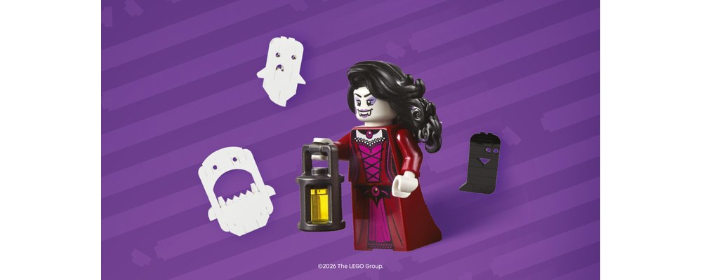LEGO minifigure with a lantern and brick-built ghost creatures on purple
