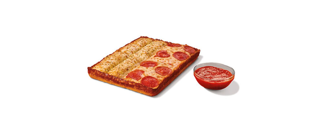 Detroit-style pepperoni pizza slices, cheese bread sticks and a cup of tomato dipping sauce