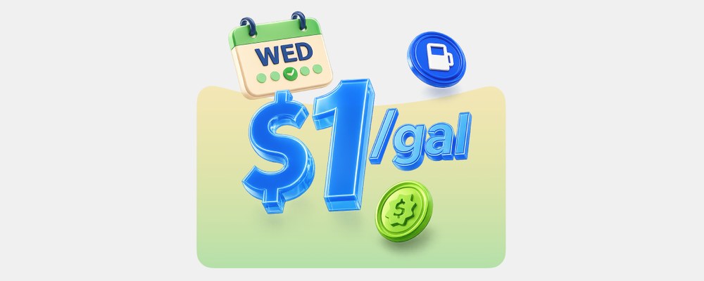 OnePay art showing $1/gal with a Wednesday calendar, a gas pump badge and a cash coin