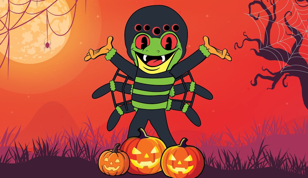 Rainforest Cafe's Halloween week graphic with a frog in a spider costume and pumpkins