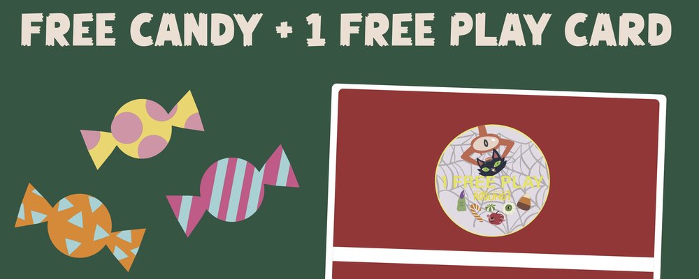 Round1 Halloween graphic: candy and a free play game card