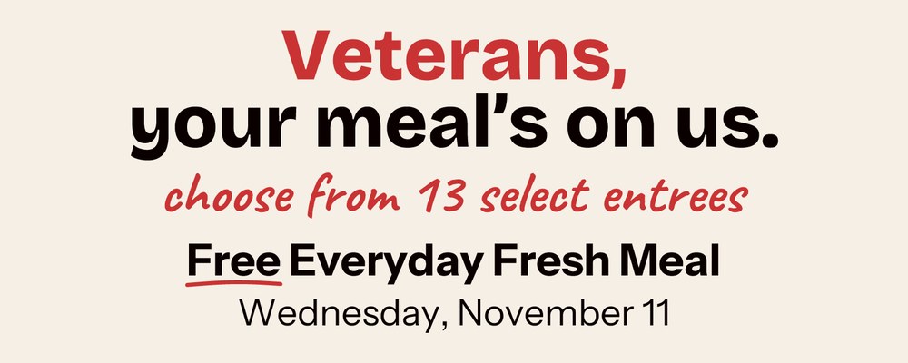 Ruby Tuesday graphic: Veterans, your meal's on us. Free Everyday Fresh Meal, Wednesday, November 11