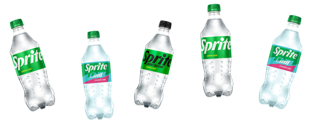 Lineup of Sprite 20 oz bottles, including Sprite, Sprite Zero Sugar and Sprite Chill