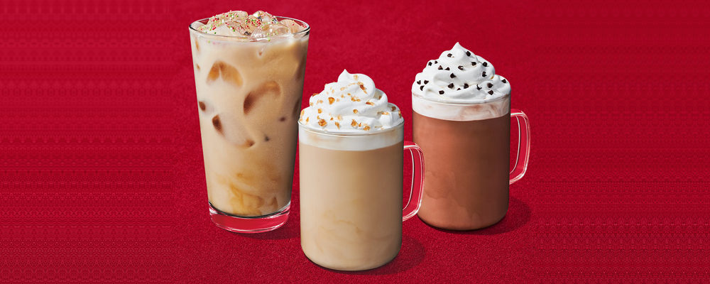 Three Starbucks holiday drinks on a red background