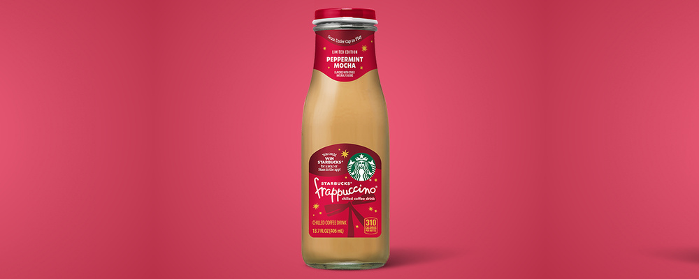Starbucks Peppermint Mocha Frappuccino bottle marked Scan Under Cap to Play